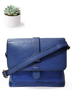 Fossil Kinley Blue Leather Crossbody Bag Small Flap Adjustable Strap